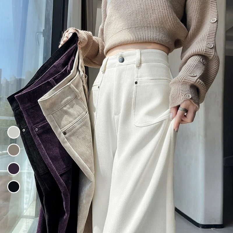 Autumn Winter High Waist Thick Women's Wide Leg Pants Pockets 2025 New Single Button Straight Casual Loose Trousers Female