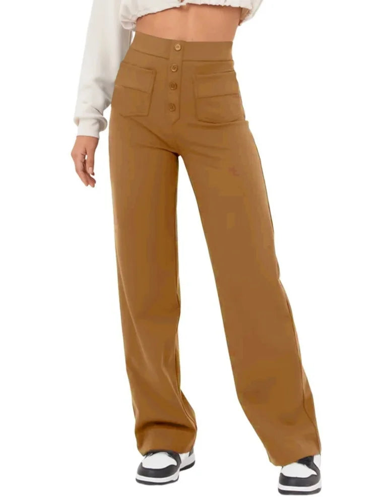 Fashion New Women's Trousers Casual Straight High Waist Button Elastic Daily Office Ladies Multi-Pocket Basic Sweatpants