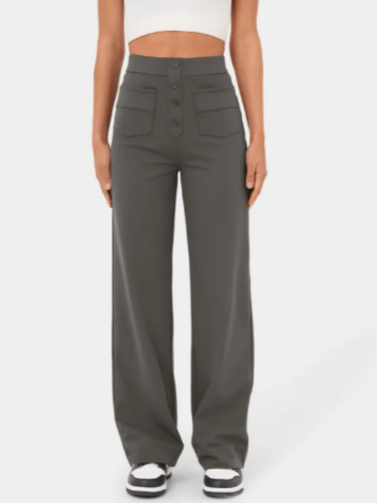 Fashion New Women's Trousers Casual Straight High Waist Button Elastic Daily Office Ladies Multi-Pocket Basic Sweatpants