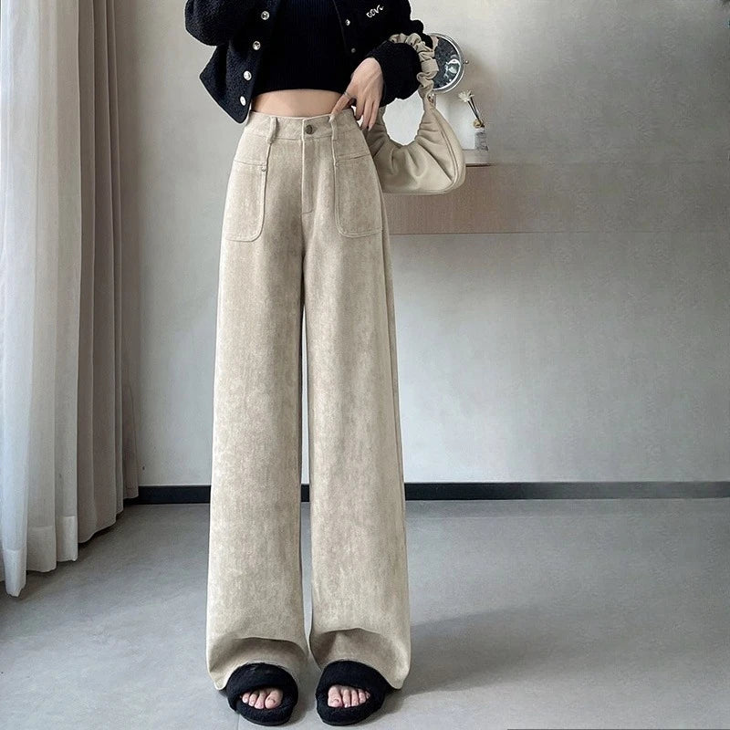 Autumn Winter High Waist Thick Women's Wide Leg Pants Pockets 2025 New Single Button Straight Casual Loose Trousers Female