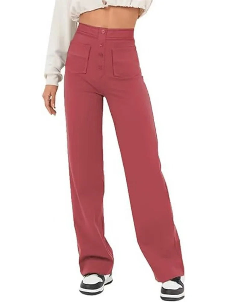 Fashion New Women's Trousers Casual Straight High Waist Button Elastic Daily Office Ladies Multi-Pocket Basic Sweatpants