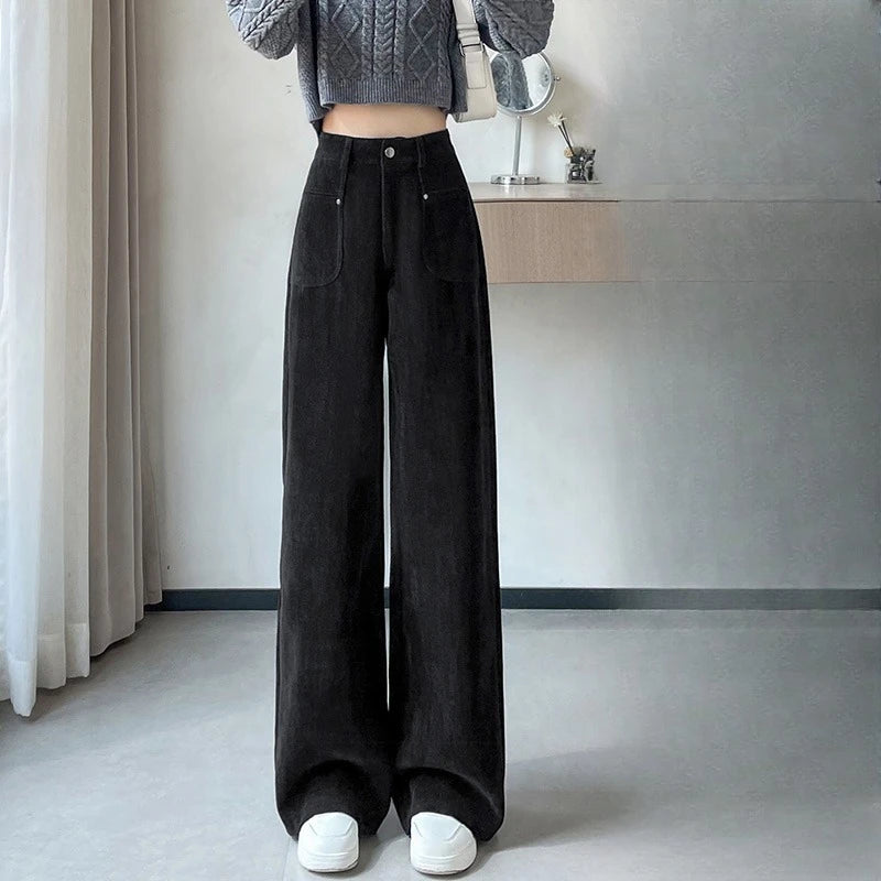 Autumn Winter High Waist Thick Women's Wide Leg Pants Pockets 2025 New Single Button Straight Casual Loose Trousers Female