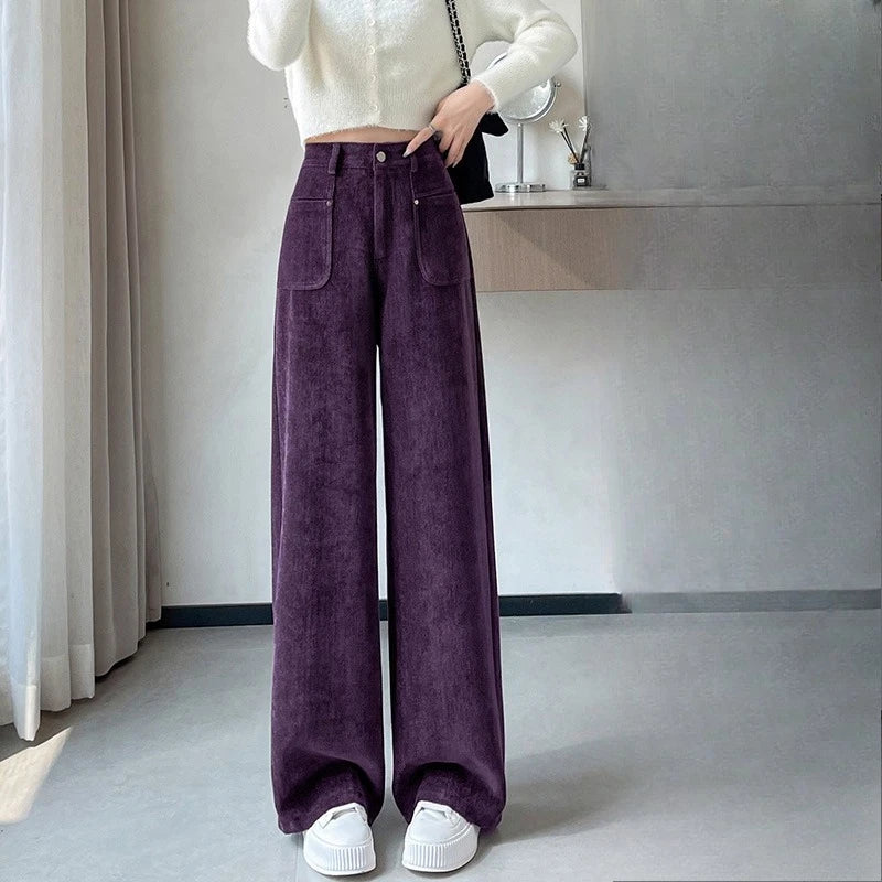 Autumn Winter High Waist Thick Women's Wide Leg Pants Pockets 2025 New Single Button Straight Casual Loose Trousers Female