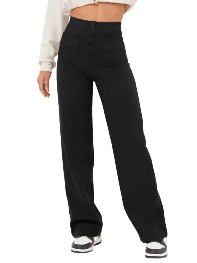 Fashion New Women's Trousers Casual Straight High Waist Button Elastic Daily Office Ladies Multi-Pocket Basic Sweatpants