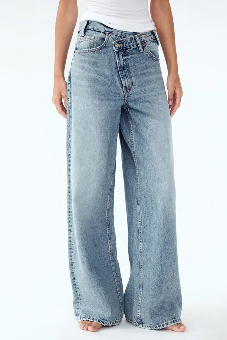 2025 New Women Wide Leg Jeans Vintage Irregular Washed Denim Trousers Aesthetic Baggy Straight Asymmetrical Jeans High Waist