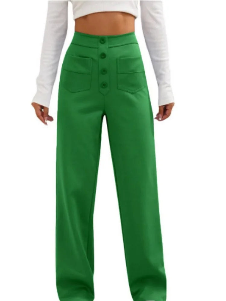 Fashion New Women's Trousers Casual Straight High Waist Button Elastic Daily Office Ladies Multi-Pocket Basic Sweatpants