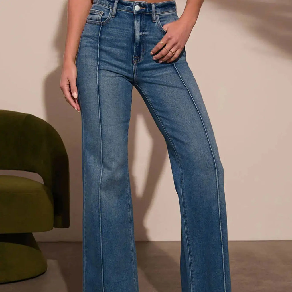 Autumn new women's dark blue high waist straight jeans slim fit wide leg version stretch denim fabric elegant intellectual jeans