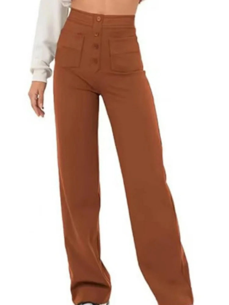 Fashion New Women's Trousers Casual Straight High Waist Button Elastic Daily Office Ladies Multi-Pocket Basic Sweatpants