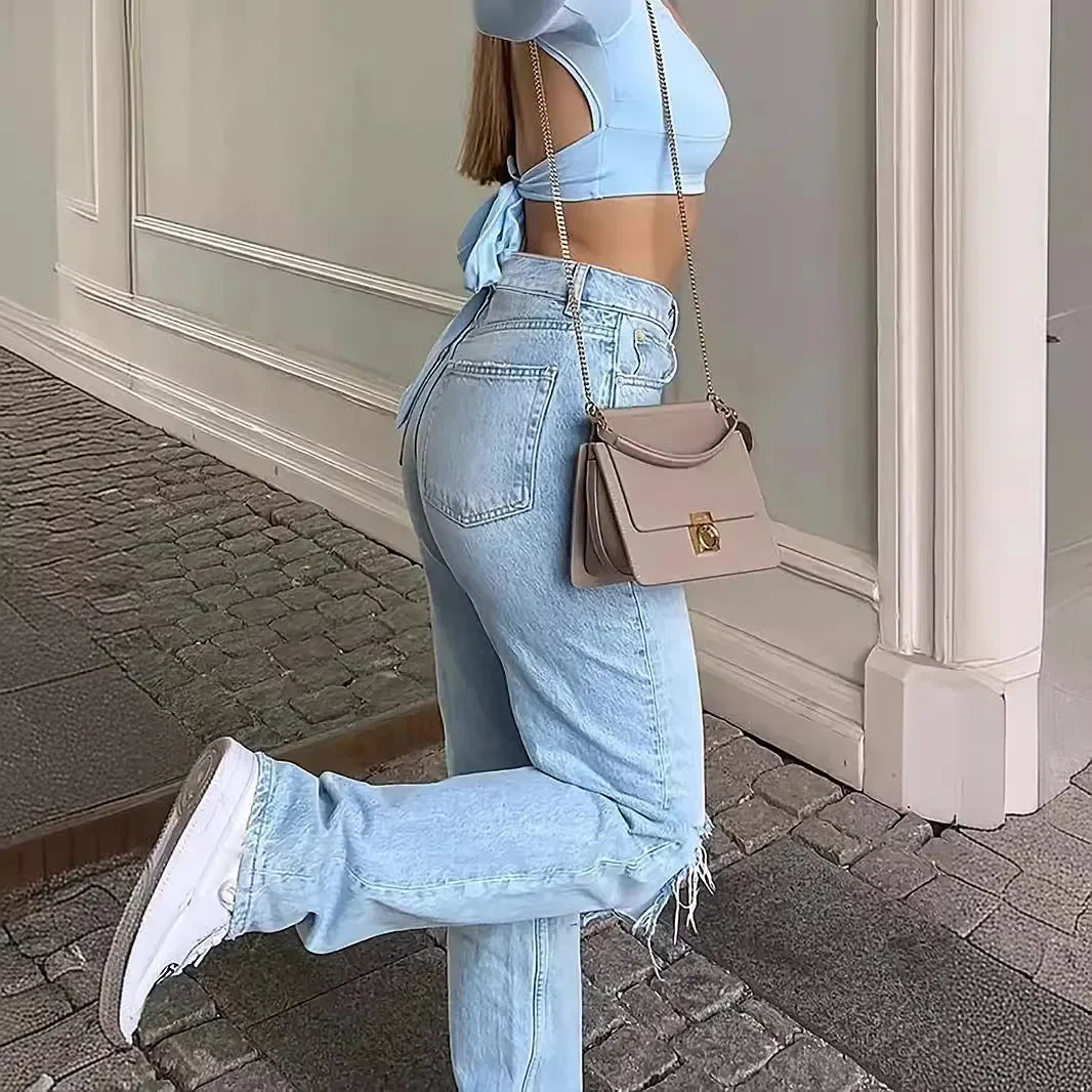 New Hot Sale Of The Season Women's High Waist Comfortable Loose Wide Leg Jeans Casual Long Pants Torn Slimming Effect Cross-Bord