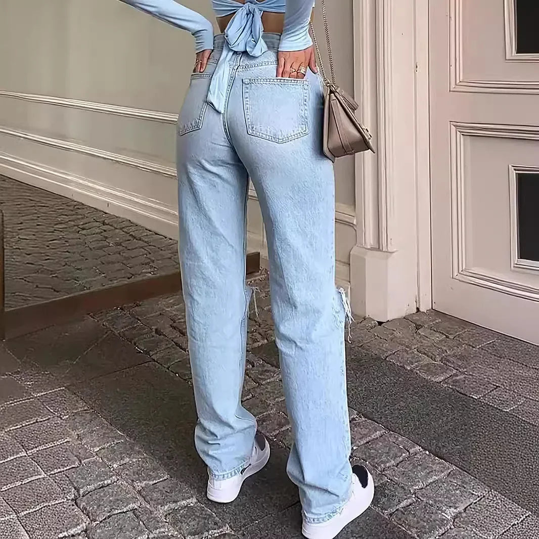 New Hot Sale Of The Season Women's High Waist Comfortable Loose Wide Leg Jeans Casual Long Pants Torn Slimming Effect Cross-Bord