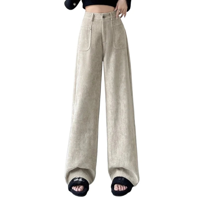 Autumn Winter High Waist Thick Women's Wide Leg Pants Pockets 2025 New Single Button Straight Casual Loose Trousers Female
