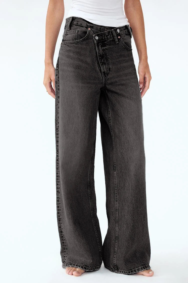 2025 New Women Wide Leg Jeans Vintage Irregular Washed Denim Trousers Aesthetic Baggy Straight Asymmetrical Jeans High Waist