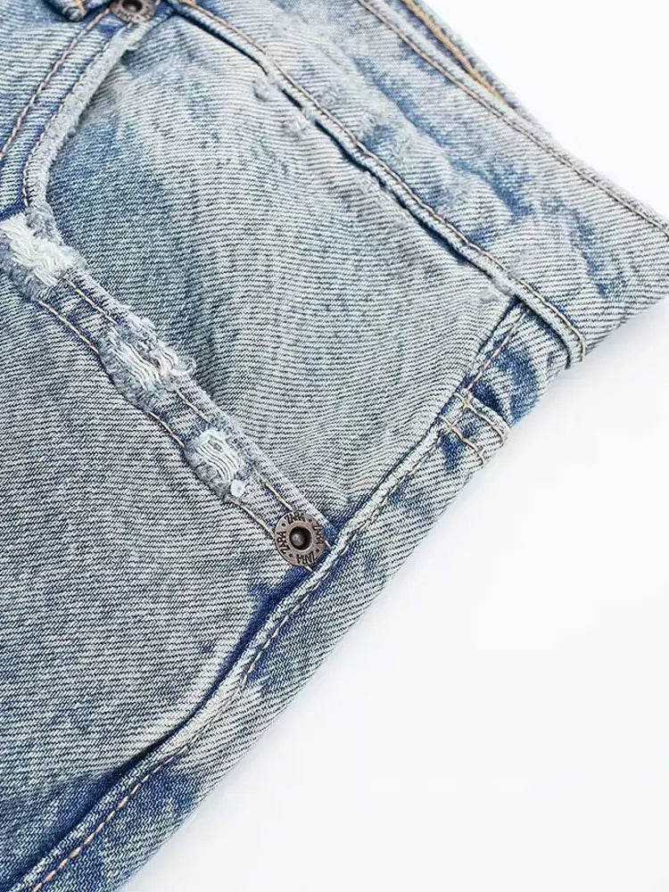HH 2024 Women's Street Fashion Denim Blue Jeans Distressed Patchwork High Waist Zipper Fly Ripped Retro Long Pants