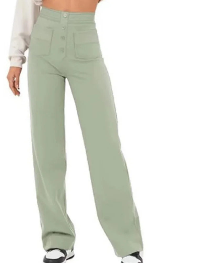 Fashion New Women's Trousers Casual Straight High Waist Button Elastic Daily Office Ladies Multi-Pocket Basic Sweatpants