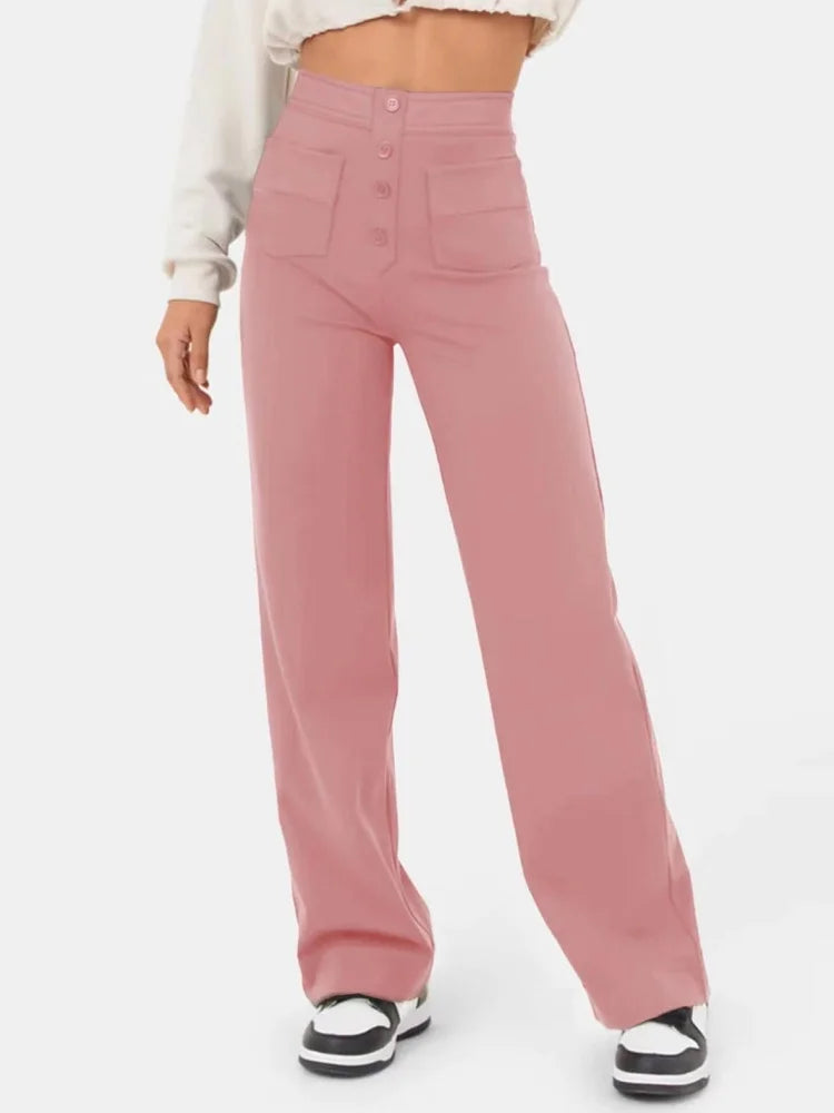 Fashion New Women's Trousers Casual Straight High Waist Button Elastic Daily Office Ladies Multi-Pocket Basic Sweatpants