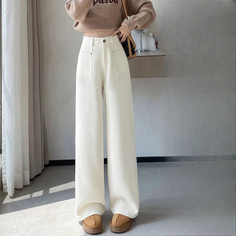 Autumn Winter High Waist Thick Women's Wide Leg Pants Pockets 2025 New Single Button Straight Casual Loose Trousers Female