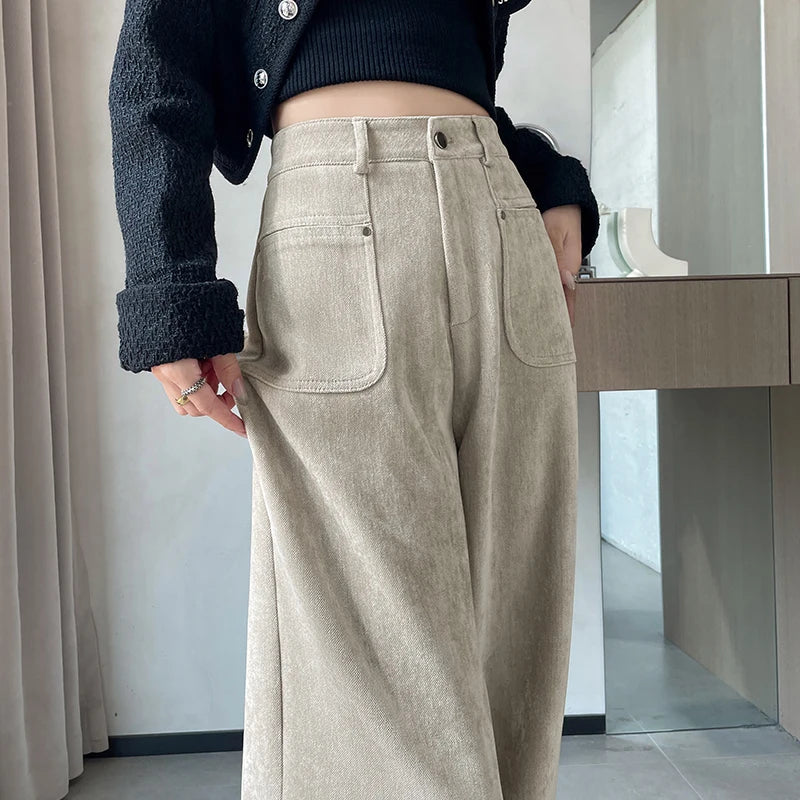 Autumn Winter High Waist Thick Women's Wide Leg Pants Pockets 2025 New Single Button Straight Casual Loose Trousers Female