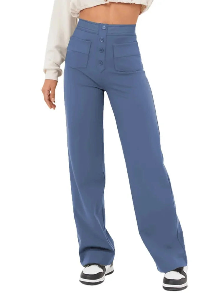 Fashion New Women's Trousers Casual Straight High Waist Button Elastic Daily Office Ladies Multi-Pocket Basic Sweatpants
