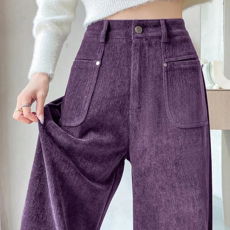 Autumn Winter High Waist Thick Women's Wide Leg Pants Pockets 2025 New Single Button Straight Casual Loose Trousers Female