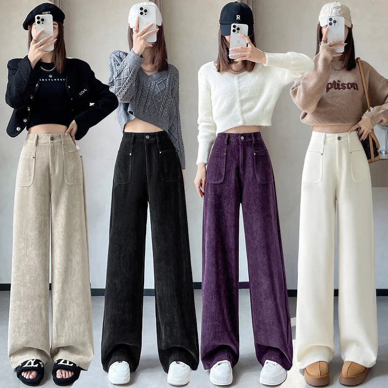 Autumn Winter High Waist Thick Women's Wide Leg Pants Pockets 2025 New Single Button Straight Casual Loose Trousers Female