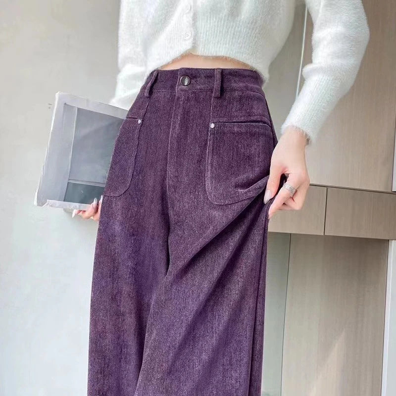 Autumn Winter High Waist Thick Women's Wide Leg Pants Pockets 2025 New Single Button Straight Casual Loose Trousers Female