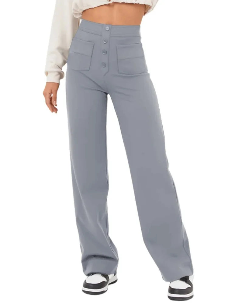 Fashion New Women's Trousers Casual Straight High Waist Button Elastic Daily Office Ladies Multi-Pocket Basic Sweatpants