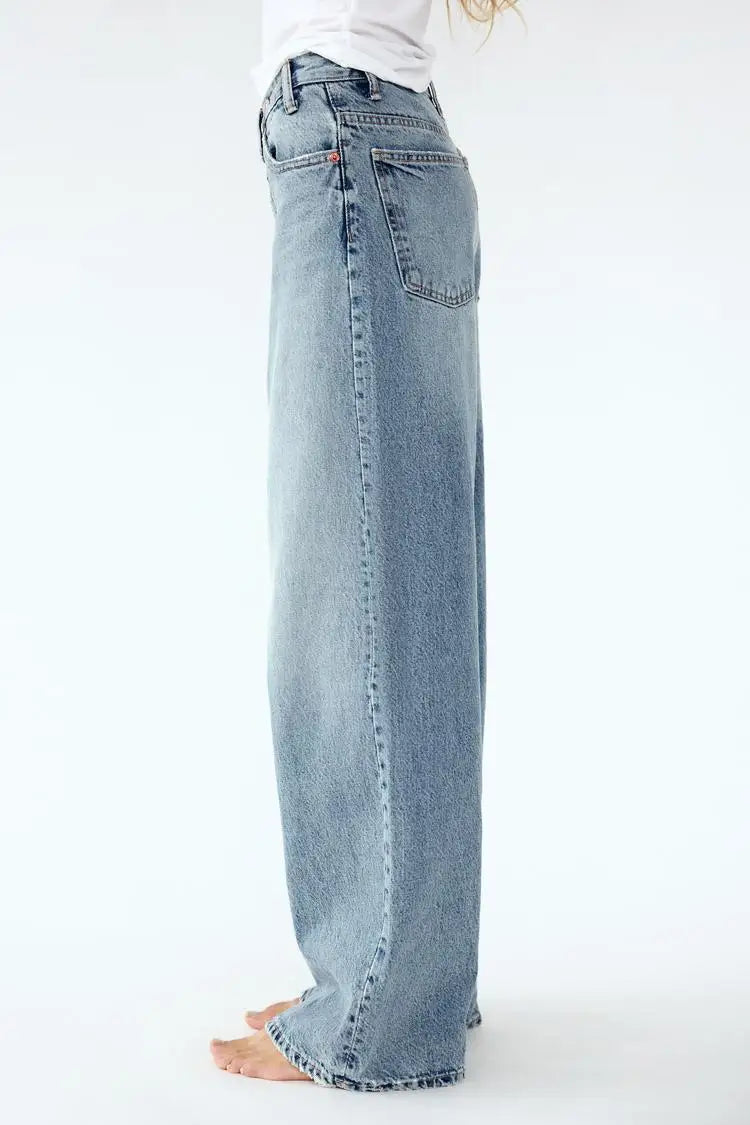 2025 New Women Wide Leg Jeans Vintage Irregular Washed Denim Trousers Aesthetic Baggy Straight Asymmetrical Jeans High Waist
