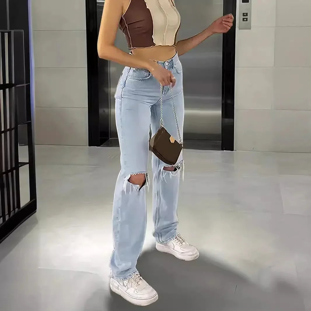 New Hot Sale Of The Season Women's High Waist Comfortable Loose Wide Leg Jeans Casual Long Pants Torn Slimming Effect Cross-Bord